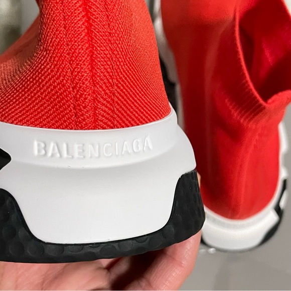 Balenciaga Men’s Speed LT Graffiti Recycled Knit Trainers Red/Black/White - Picture 7 of 9